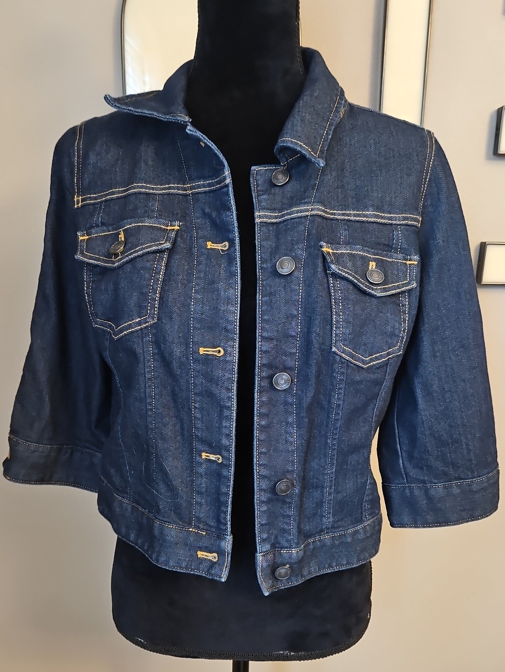 LOFT Dark Blue Cropped Denim Jean Jacket with Contrast Stitching